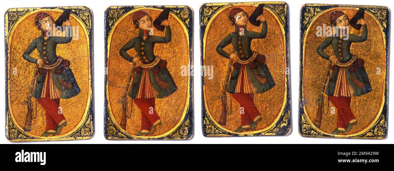 Carte de jeu Serbaz ou Soldier pour le jeu de NAS carte de jeu Serbaz ou Soldier pour le jeu de NAS, mi-19th siècle. Encre, aquarelle opaque et or sur bois ou papiermâché sous vernis laqué, 2 3/8 x 1 9/16 po. (6,0 x 4,0 cm). Arts du monde islamique au milieu du 19th siècle Banque D'Images