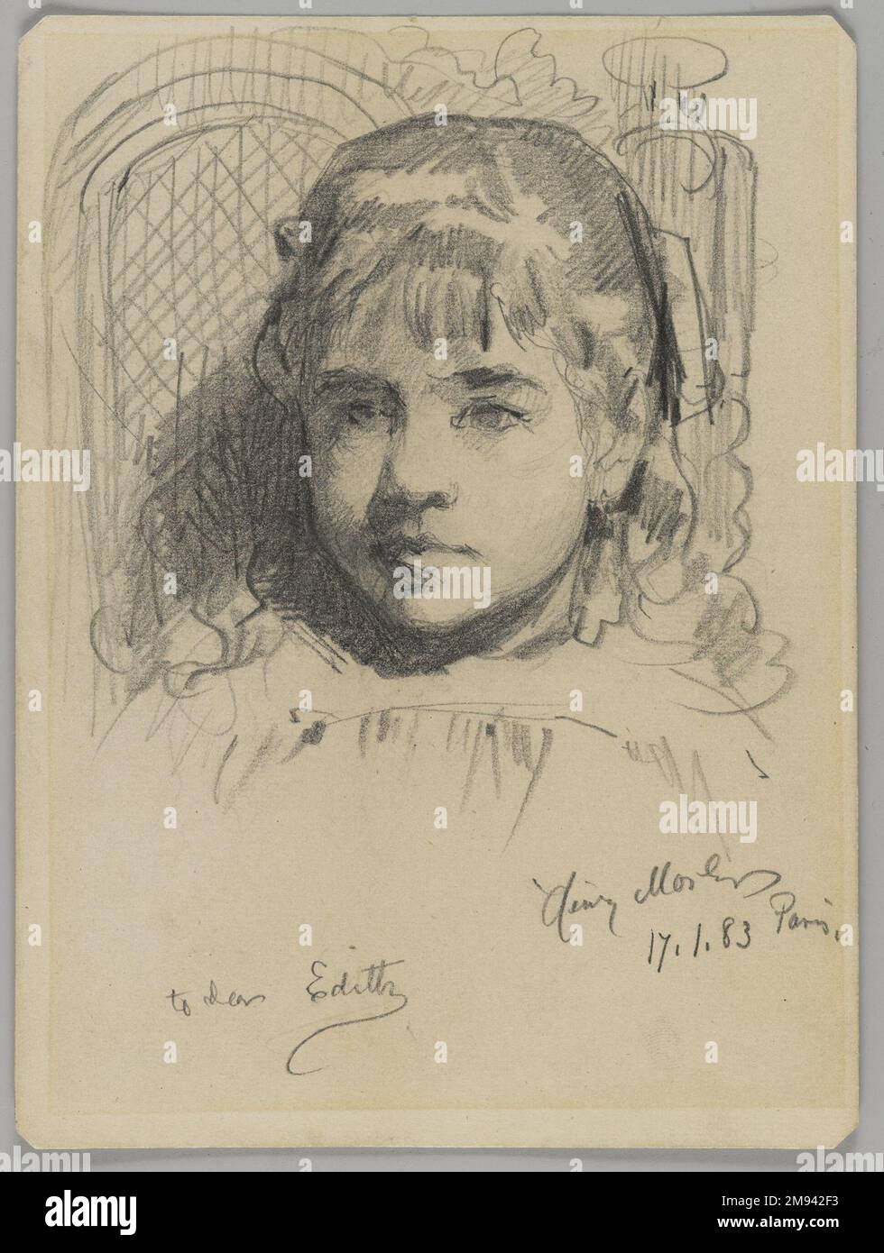 Portrait de la fille de l'artiste Henry Mosler (américain, 1841-1920). , 17 janvier 1883. Graphite sur support, crème, papier vélin, feuille : 6 3/16 x 4 5/8 po. (15,7 x 11,7 cm). 17 janvier 1883 d'art américain Banque D'Images