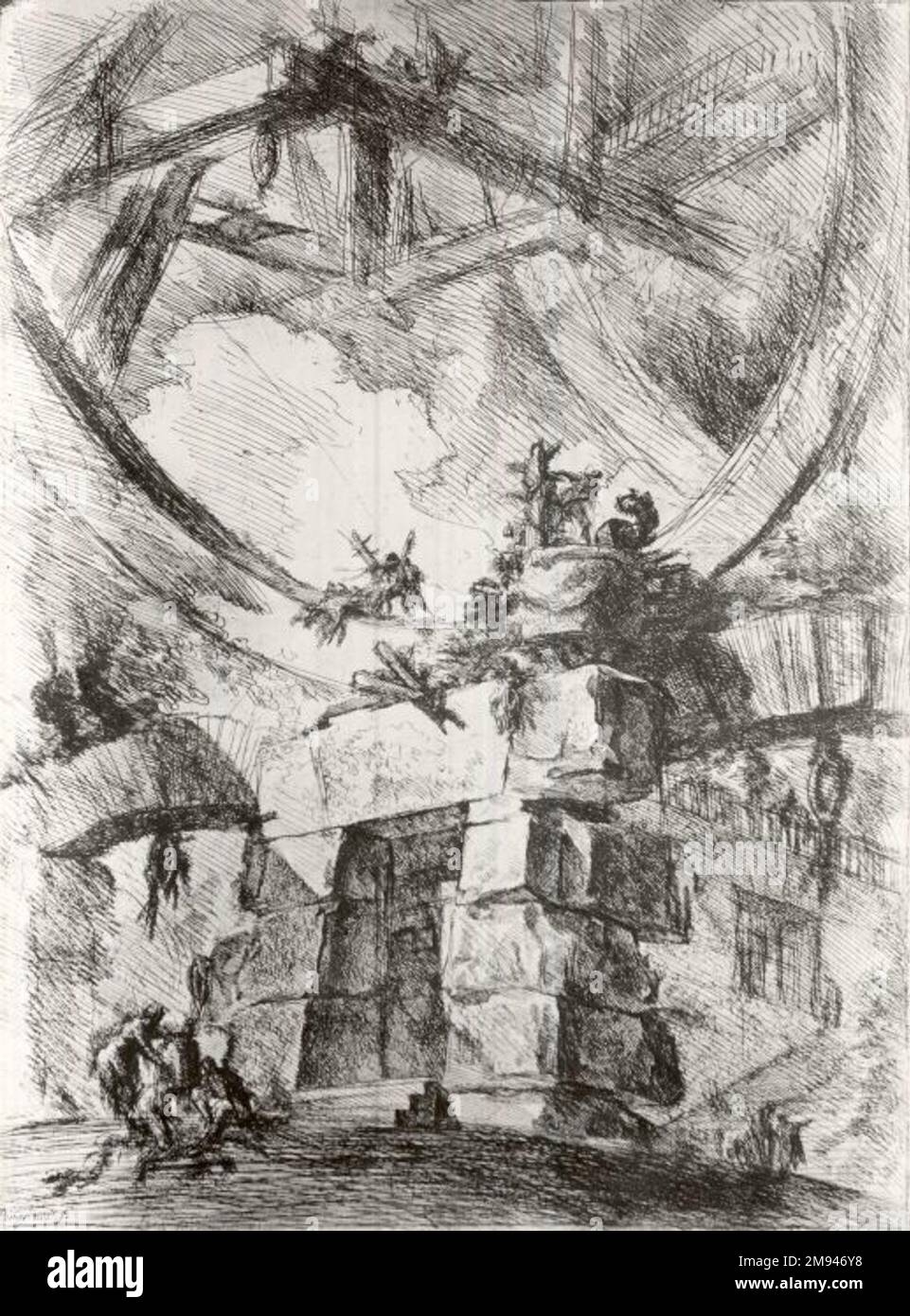 Invenzioni Capric di Carceri, Hind 9, premier État de trois Giovanni Battista Piranesi (italien, vénitien, 1720-1778). Invenzioni Capric di Carceri, Hind 9, Premier État de trois, ca. 1749. Gravure sur papier déposé, 21 13/16 x 16 1/8 po. (55,4 x 40,9 cm). Vers 1749–50 Giovanni Battista Piranesi publie une série ambitieuse de quatorze grands gravures connues sous le nom de prisons imaginaires. Ces plaques représentent de vastes espaces labyrinthiques, enfermés par des voûtes et des arches, traversés par des escaliers apparemment sans fin, et remplis de crochets, de chaînes et de cordes qui suggèrent des machines de torture. Les énormes chambres dwa Banque D'Images