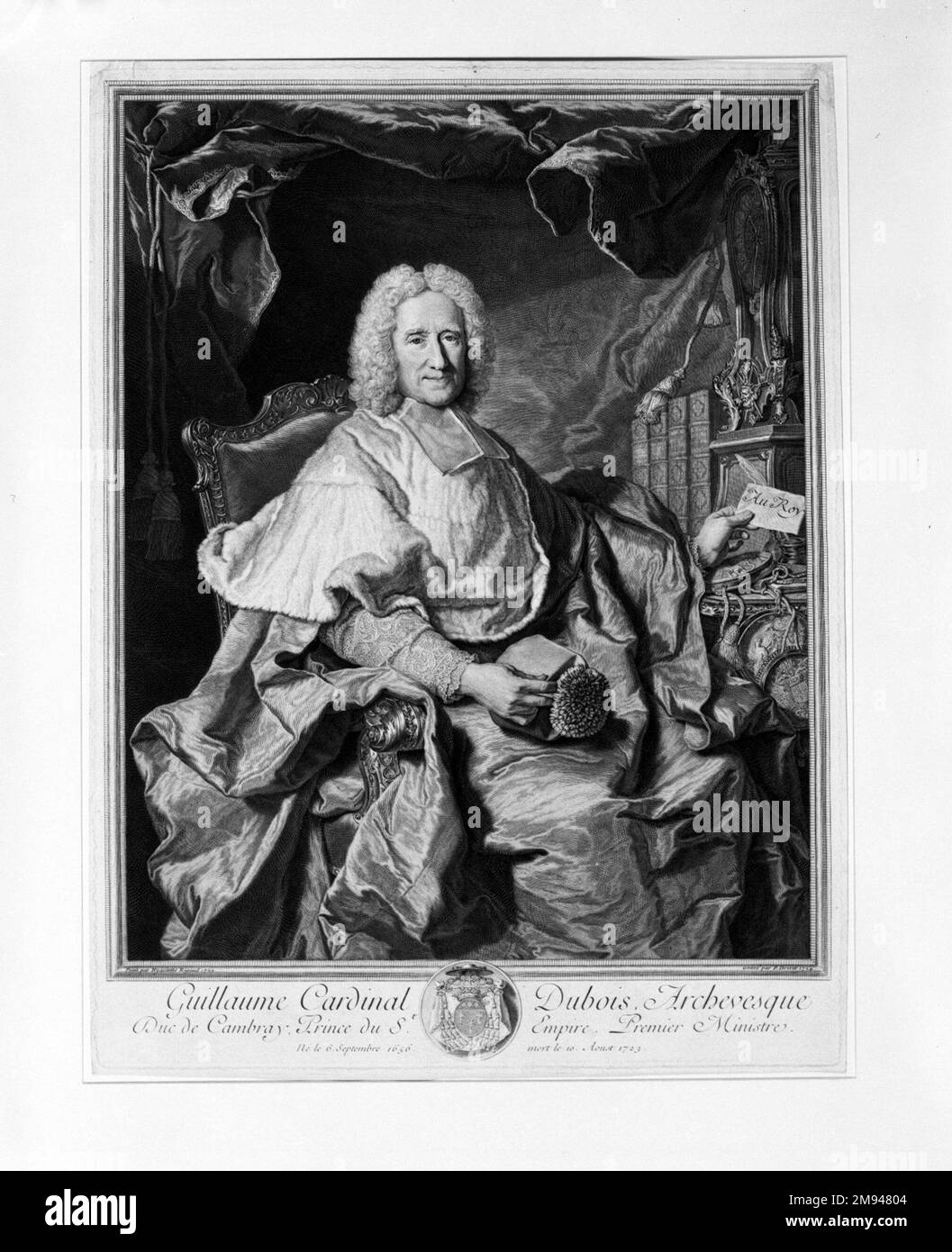 Guillaume Cardinal Dubois, Archvesque Duc de Cambray, Prince du Empire, Premier ministre Pierre Imbert Drevet (français, 1697-1739). , 1724. Gravure sur papier vélin, feuille : 19 3/16 x 14 3/8 po. (48,7 x 36,5 cm). Art européen 1724 Banque D'Images