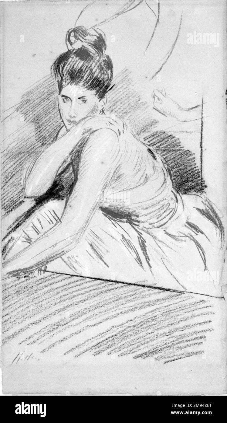 Assise de la femme Paul-César Helleu (français, 1859-1927). Dessin à la craie rouge, noir et blanc, 17 x 9 7/8 po. (43,2 x 25,1 cm). Art européen Banque D'Images