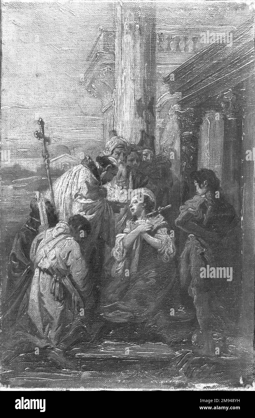 Femme Saint et clergé inconnu.. Huile sur toile, 11 3/8 x 7 7/16 in. (28,9 x 18,9 cm). Art européen Banque D'Images