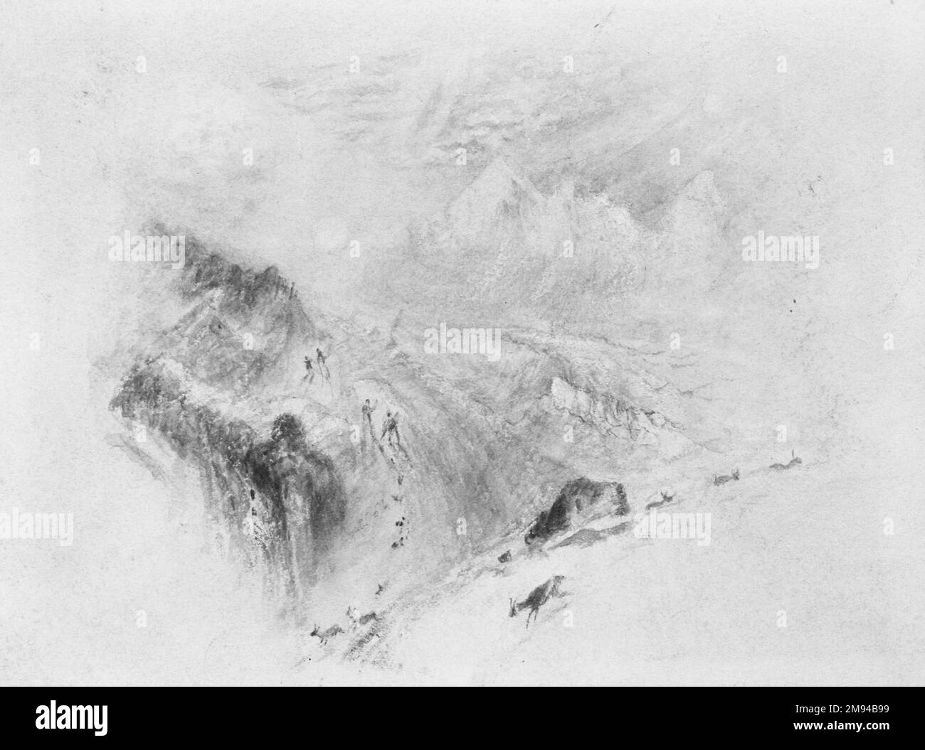 Randonneurs dans les montagnes enneigées Inconnu... Aquarelle Art européen Banque D'Images