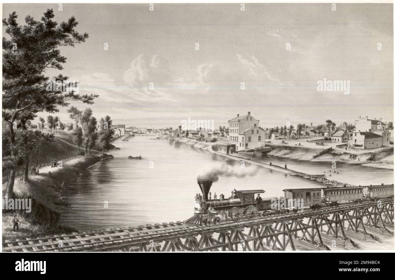 Watertown, Wisconsin, de Milwaukee et Western Railroad Bridge Louis Kurz (américain, 1834-1921). , ca. 1857. Lithographie sur papier vélin, 14 3/16 x 22 1/8 po. (36 x 56,2 cm). Art américain ca. 1857 Banque D'Images