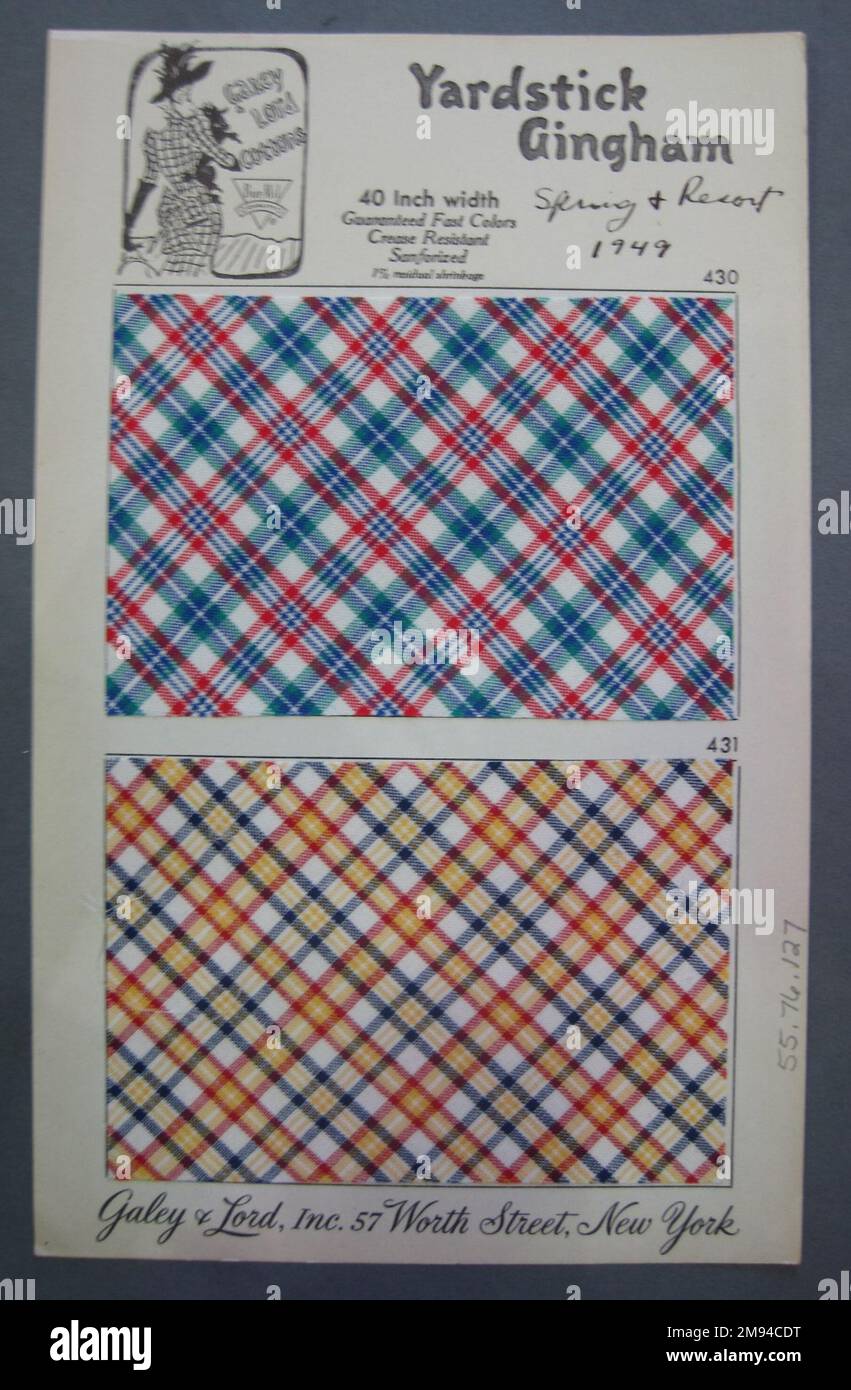 Textile Swatch Galey & amp ; Lord. , 1949. Coton, carte : 5 3/4 x 9 3/4 po. (14,6 x 24,8 cm). 1949 Banque D'Images