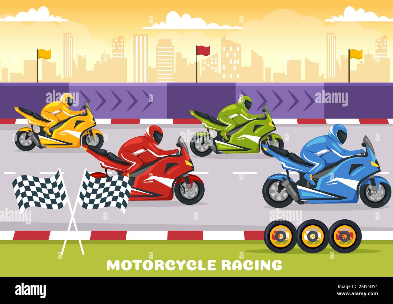 Championnat de course de moto sur l'hippodrome Illustration avec Racer Riding Motor for Landing page dans Flat Cartoon modèles dessinés à la main Illustration de Vecteur