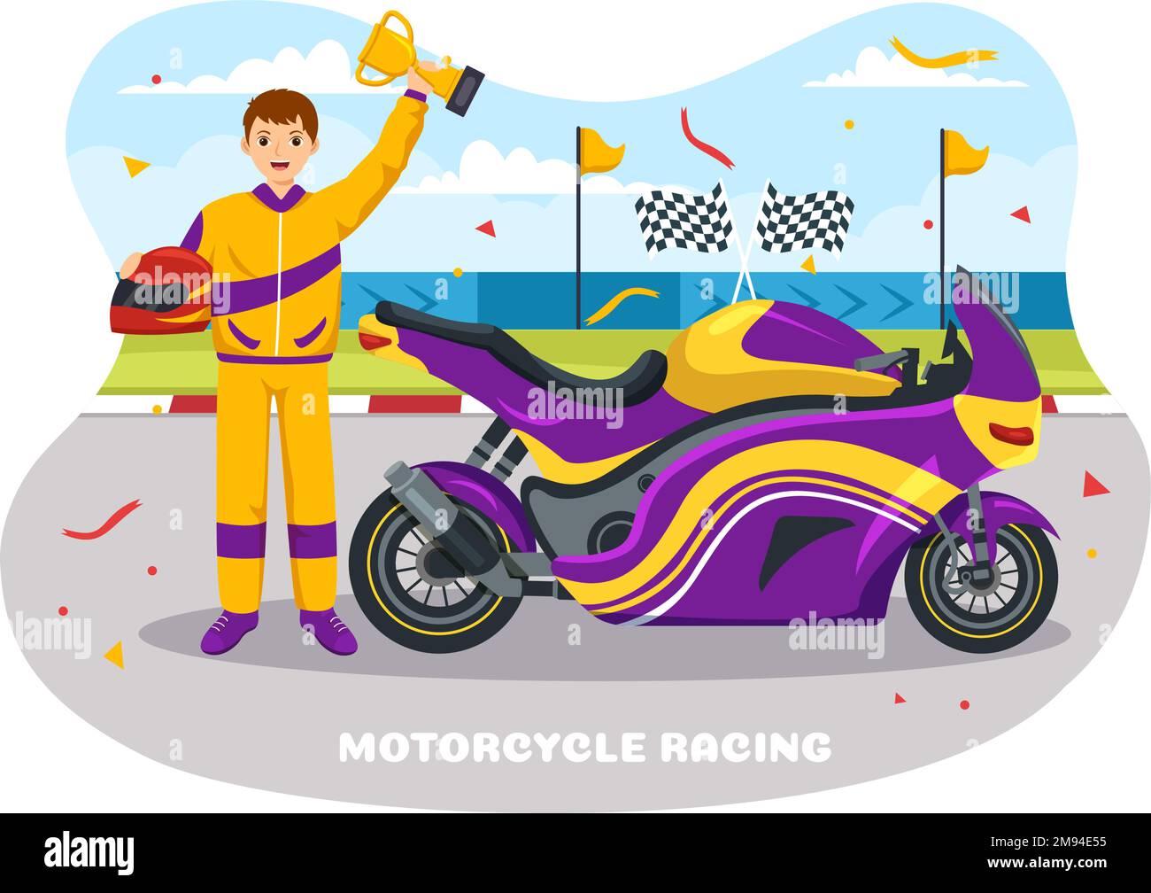 Championnat de course de moto sur l'hippodrome Illustration avec Racer Riding Motor for Landing page dans Flat Cartoon modèles dessinés à la main Illustration de Vecteur