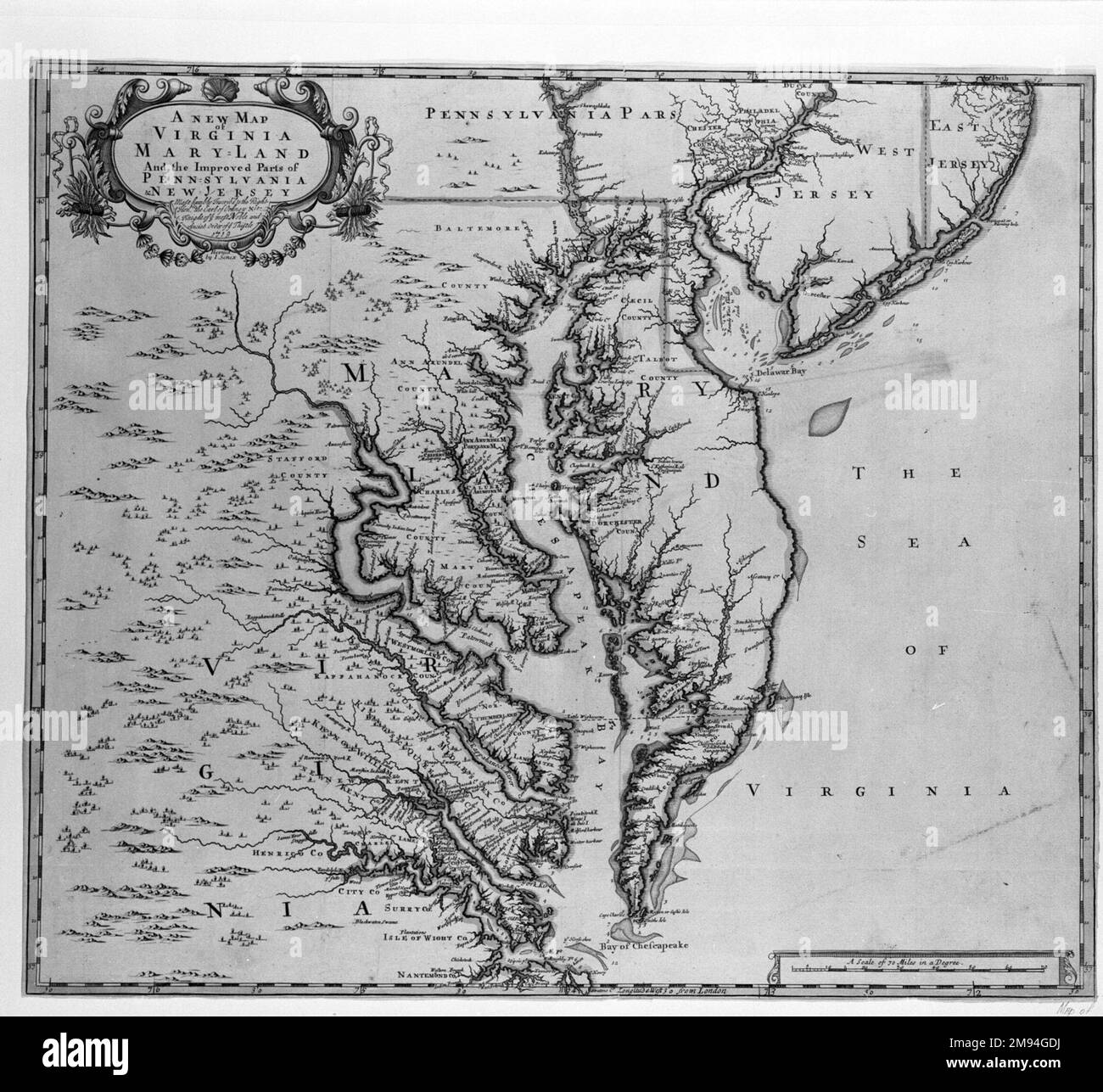 Une nouvelle carte de la Virginie , du Maryland, et des parties améliorées de la Pennsylvanie et du New Jersey (révisée par) John Senex (britannique, actif 1690-1740). , 1721. Gravure sur papier, 19 1/4 x 22 po. (48,9 x 55,9 cm). Art européen 1721 Banque D'Images