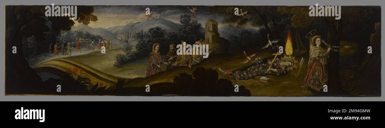 La légende de l'école Santa Sophronia Cuzco. La légende de Santa Sophronia, fin du 17th siècle. Huile sur toile, 21 x 87in. (53,3 x 221cm). PEINTURES DANS LES MAISONS COLONIALES ESPAGNOLES le nombre énorme de peintures acquises par des collectionneurs privés en Amérique coloniale espagnole est confirmé par des preuves dans le testament, la dot, et d'autres documents de l'époque. Des centres urbains aux régions frontières, des peintures d'artistes européens et du Nouveau monde représentant des sujets religieux et laïques ont décoré les maisons de créole, espagnol péninsulaire, mestizo (gens de race mixte), et des hommes et des femmes autochtones. Les cinq Andes Banque D'Images