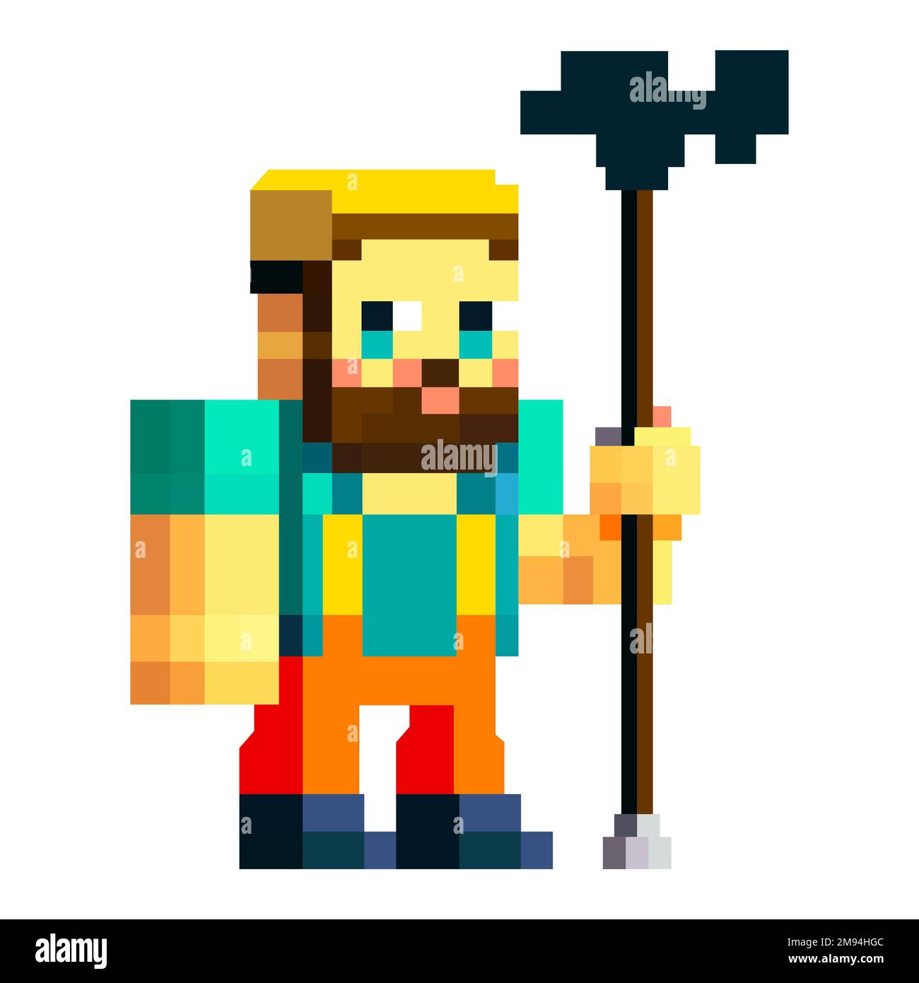 pixélisé homme en uniforme de travail et avec un personnel dans sa main. personnage du jeu 8 bits. illustration vectorielle plate Illustration de Vecteur