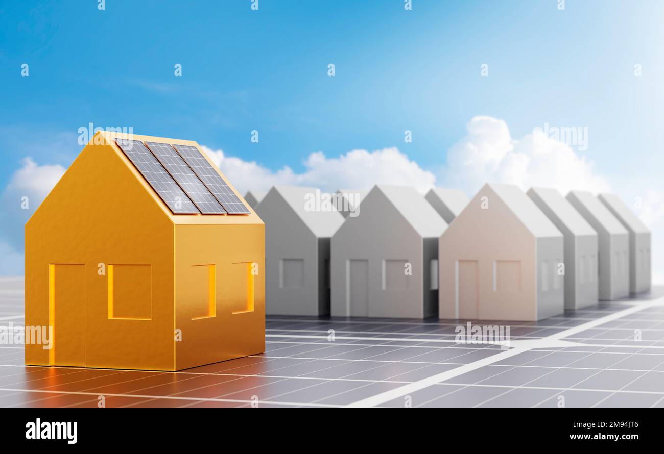 golden House modèle avec panneaux solaires sur le toit mis sur la surface du panneau solaire. Le concept de leadership dans l'énergie durable.3D rendu Banque D'Images