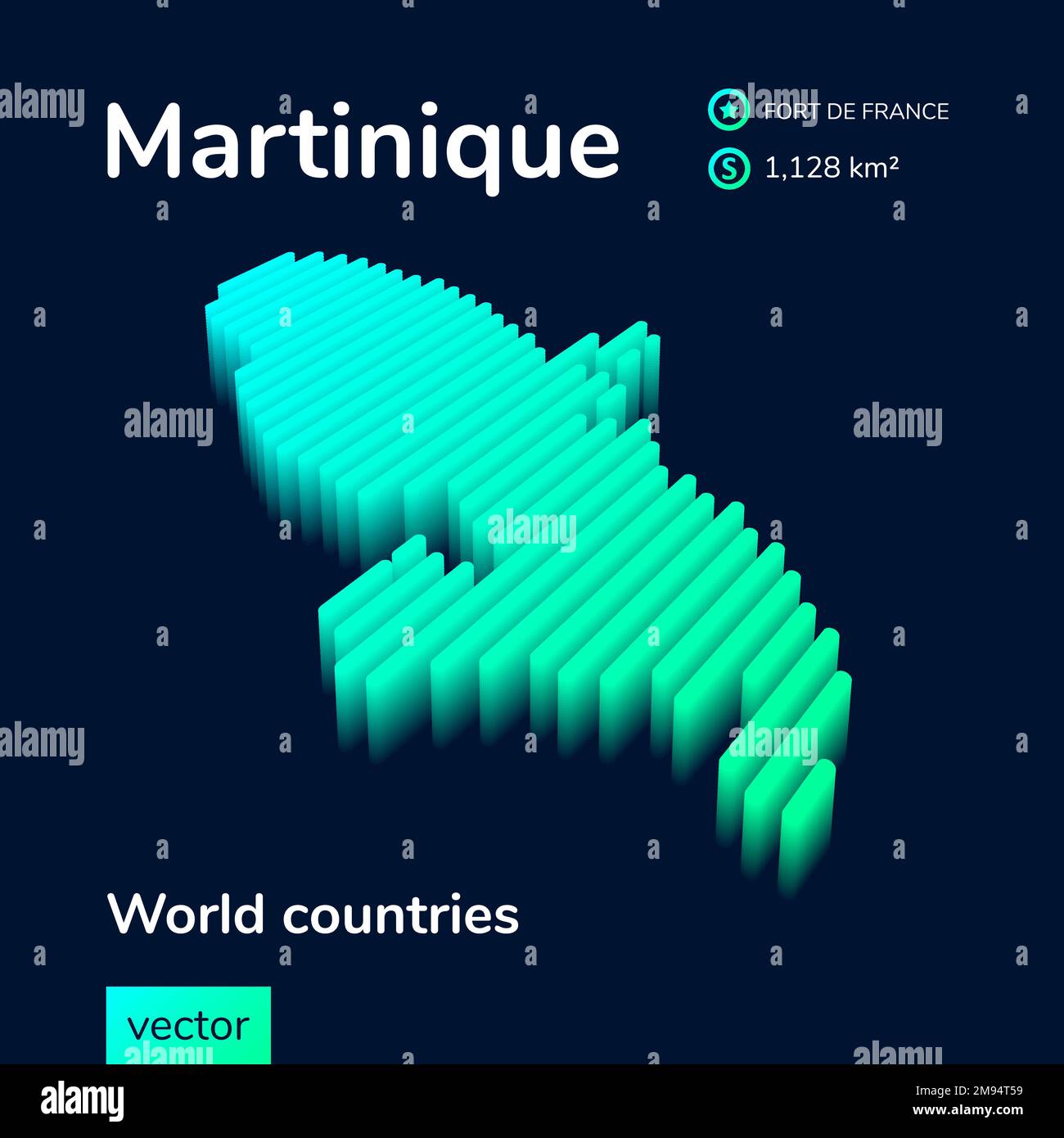 Martinique 3D carte. Vecteur à rayures isométriques stylisées néon simple numérique carte en vert Illustration de Vecteur