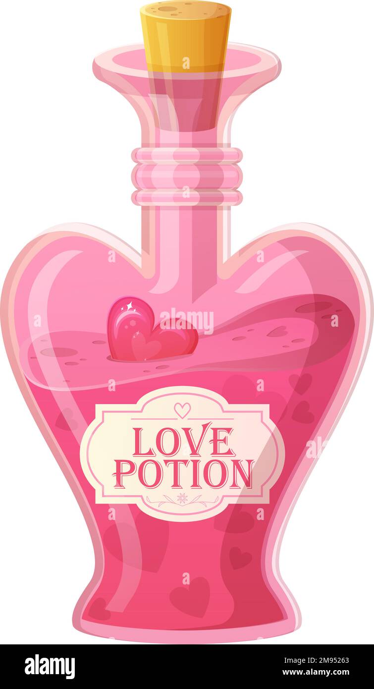 Bouteille de potion d'amour rose. Bouteille en verre en forme de coeur avec liège. Roman élixir, alchimie, rpg jeu d'icône concept. Illustration de Vecteur