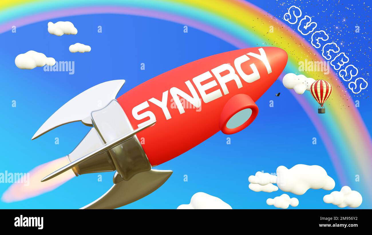 La synergie mène à la réussite dans l'entreprise et la vie. Bande dessinée roquette étiquetée avec le texte Synergy, volant haut dans le ciel bleu pour atteindre l'arc-en-ciel, re Banque D'Images