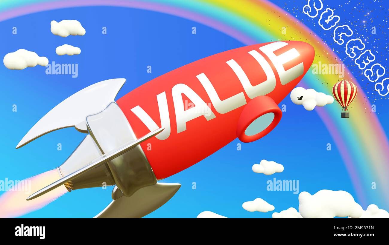 La valeur mène à la réussite dans l'entreprise et la vie. Fusée de bande dessinée étiquetée avec valeur de texte, volant haut dans le ciel bleu pour atteindre l'arc-en-ciel, récompense Banque D'Images