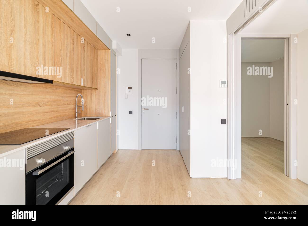 Petit coin cuisine modulaire simple le long du mur dans l'appartement studio à côté de la porte d'entrée et porte d'une chambre vide. Mobilier minimaliste avec Banque D'Images