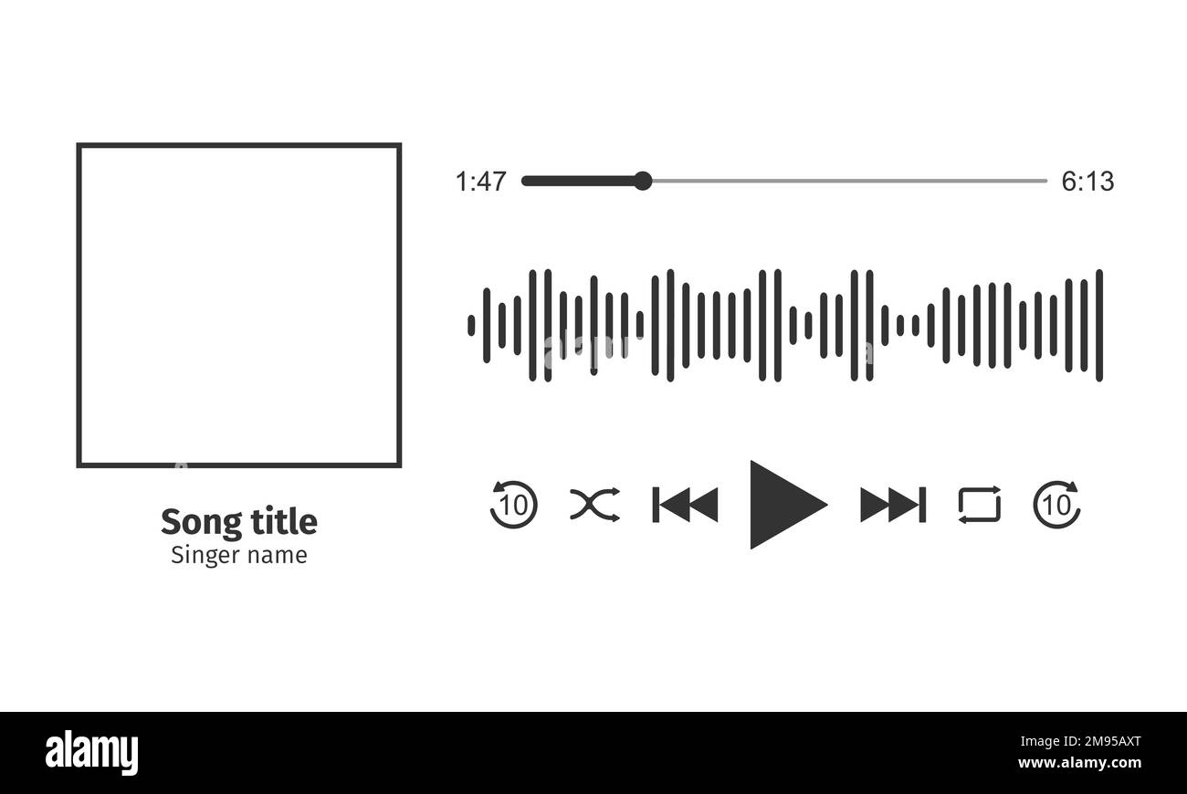 Design d'interface lecteur de musique avec cadre photo de chanson, différents boutons, barre de chargement avec minuterie et égaliseur de son. Variation horizontale. Illustration graphique vectorielle isolée sur fond blanc Illustration de Vecteur