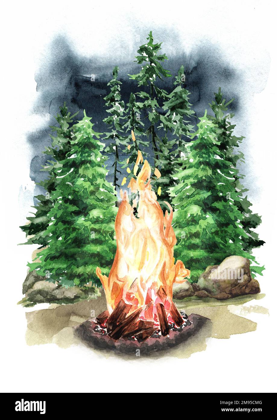 Feu de joie dans la forêt. Camping concept, dessin à la main aquarelle illustration isolée sur fond blanc Banque D'Images