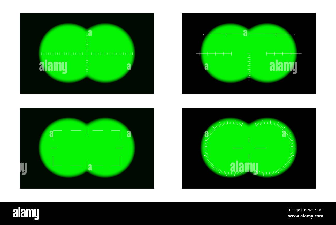 Ensemble de modèles de vue binoculaire avec échelles et fond de chromatons vert. Instrument optique d'armée, de chasse, de découverte ou de tourisme pour l'espionnage, la grossissement, la recherche, le suivi. Illustration vectorielle Illustration de Vecteur