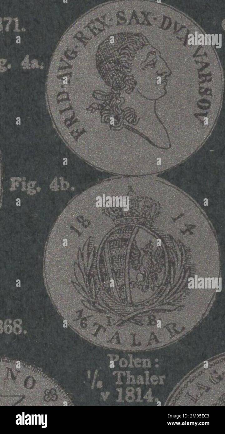 Antique 19th Century allemagne numismatique catalogue de pièces illustré avec des techniques d'impression intéressantes/ pièces antiques / pièce de monnaie vintage / Antiker numismatischer illustrierter Katalog aus dem 19. Jahrhundert mit interessanter Drucktechnik : Polen : 1/2 Thaler v. 1814 / Pologne : 1/2 Thaler v. 1814 / Friedrich August I duché de Varsovie Banque D'Images