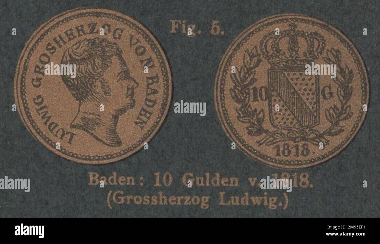 Antique 19th Century allemagne numismatique catalogue de pièces illustré avec des techniques d'impression intéressantes/ pièces antiques / pièce de monnaie vintage / Antiker numismatischer illustrierter Katalog aus dem 19. Jahrhundert mit interessanter Drucktechnik : Baden : 10 Gulden v. 1818 ( Grossherzog Ludwig ) / Baden : 10 Gulden v. 1818 ( Grand-Duc Ludwig ) / Louis I, Grand-Duc de Baden Banque D'Images