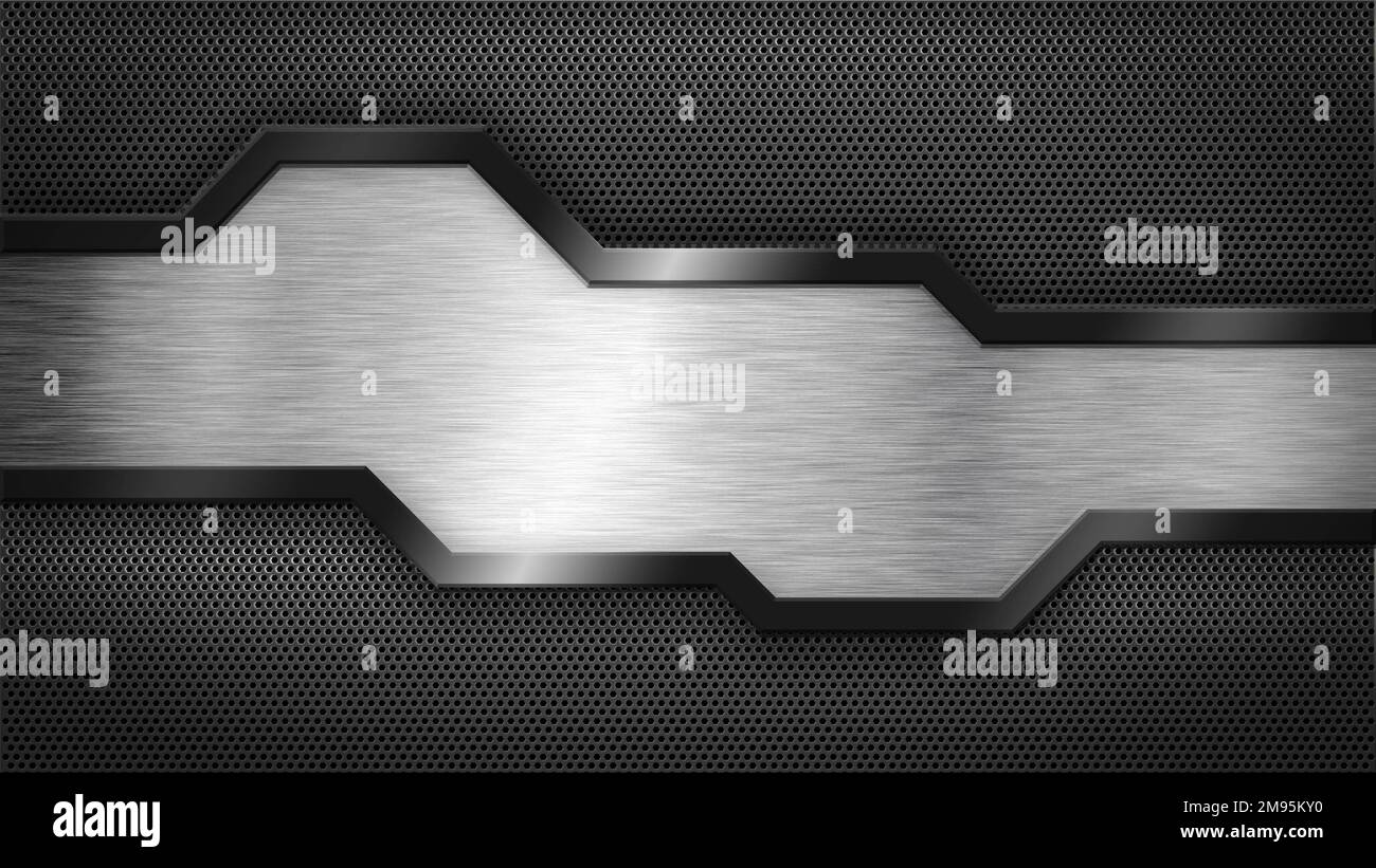 Élément métallique avec cadre noir sur maillage hexagonal gris polygonal futuriste - 3D Illustration Banque D'Images