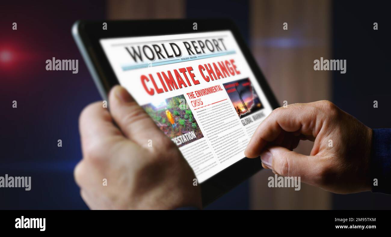 Le changement climatique, la crise environnementale et le réchauffement de la planète lecture quotidienne de journaux sur écran de tablette mobile. Homme écran tactile avec titres nouvelles Banque D'Images