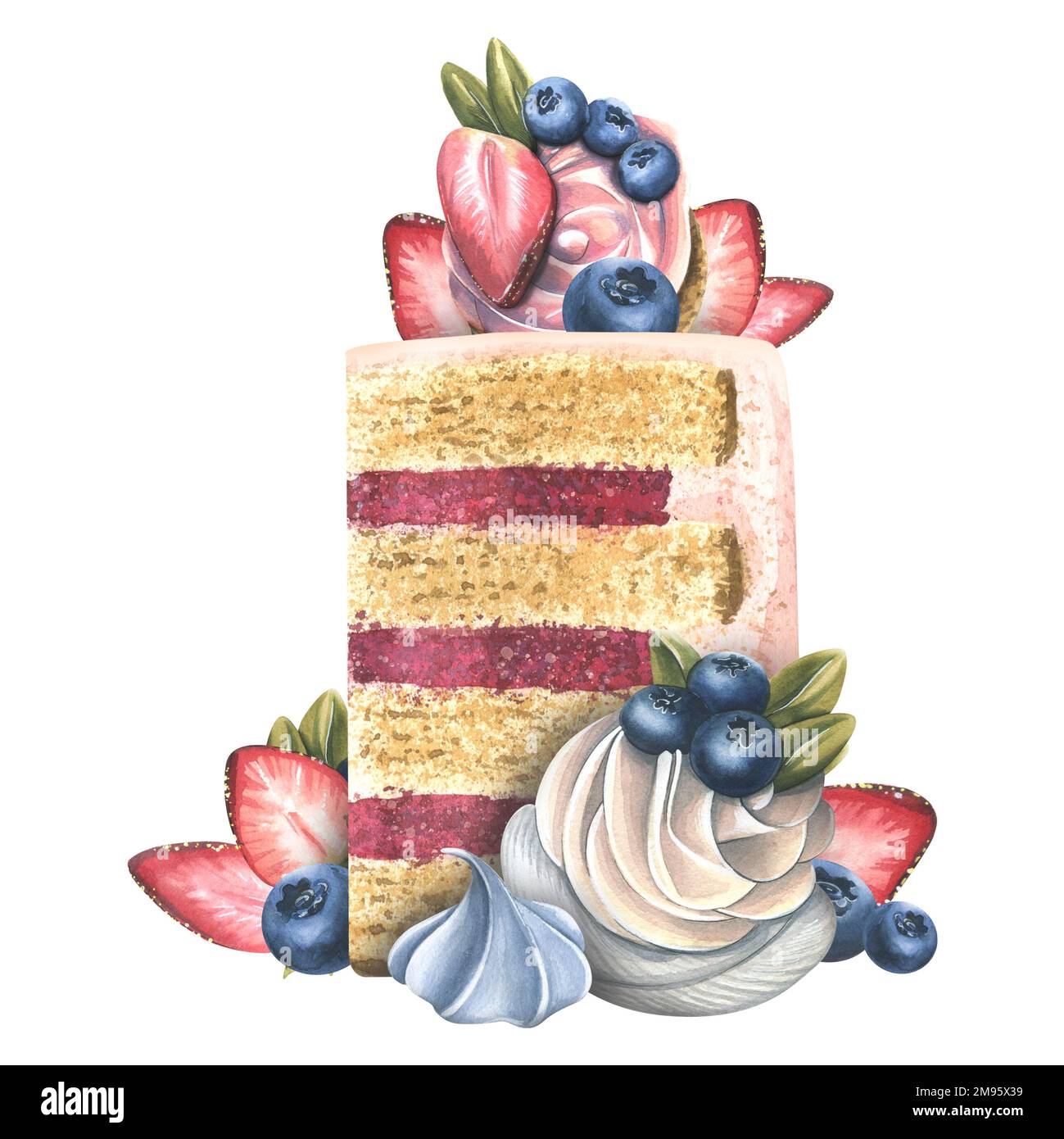 Un morceau de gâteau décoré de fraises, de bleuets, de meringue et de crème. Illustration aquarelle. Une composition de la collection de BONBONS Banque D'Images