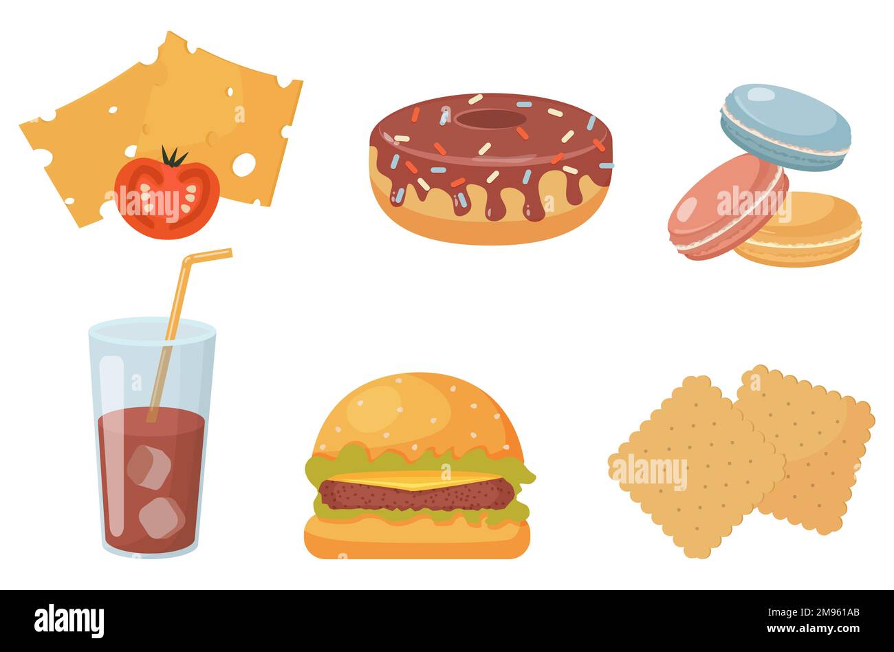 ensemble de nourriture verre de beignet avec fromage à boisson froide et hamburger de tomate macaron et biscuits Illustration de Vecteur