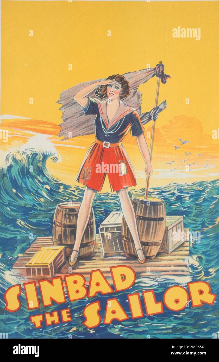 Affiche de théâtre pour la pantomime Sinbad le Sailor, montrant le principal garçon à la dérive en mer sur un radeau. Banque D'Images