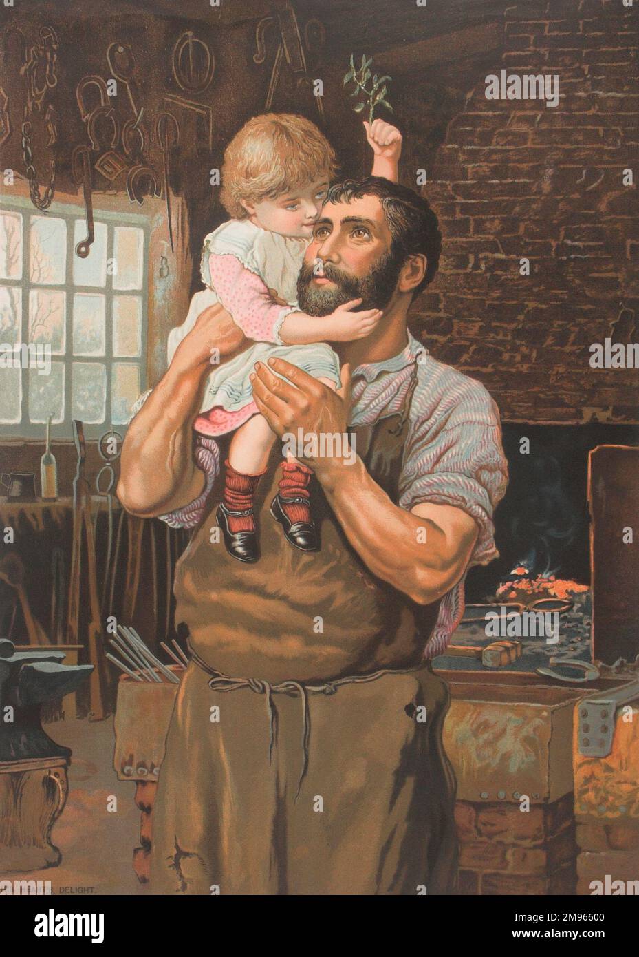 Scène représentant un forgeron ou un farrier embrassant sa fille qui fait un brin de GUI dans l'air. Banque D'Images