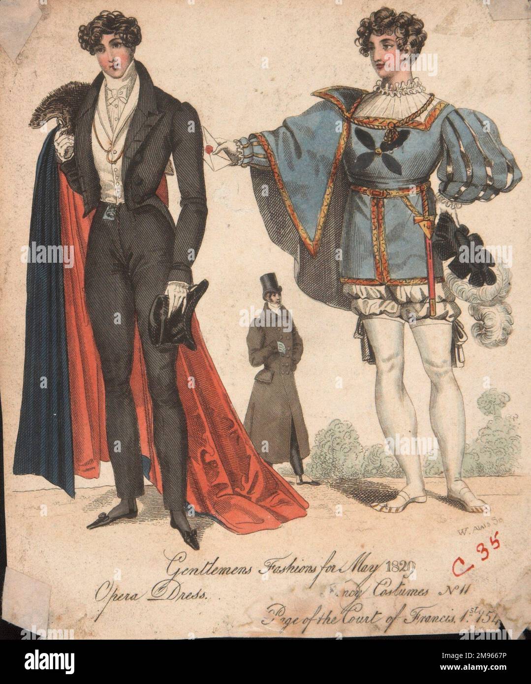 Plaque de mode du début du 19th siècle montrant deux motifs pour hommes. Sur la gauche se trouve une robe d'opéra, avec un manteau et sur la droite un costume de fantaisie pour une page de la cour de François I. Banque D'Images