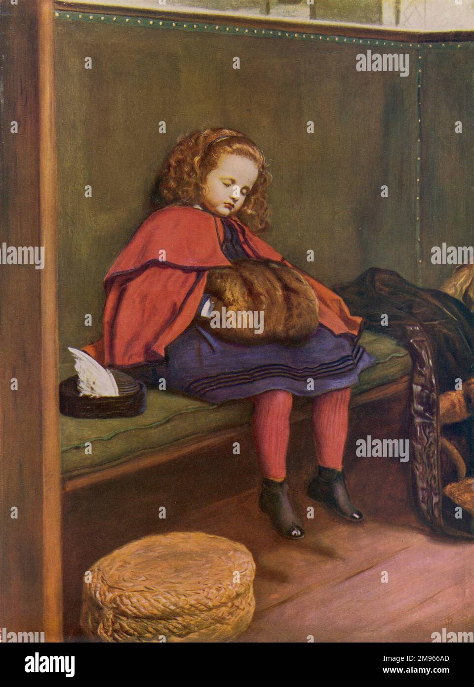 La deuxième des deux photos sentimentales du peintre pré-Raphaelite John Everett Millais (1829-1896) montrant une petite fille vêtue d'une cape rouge et un mouff de fourrure qui s'endorment pendant un sermon particulièrement long d'église. Banque D'Images