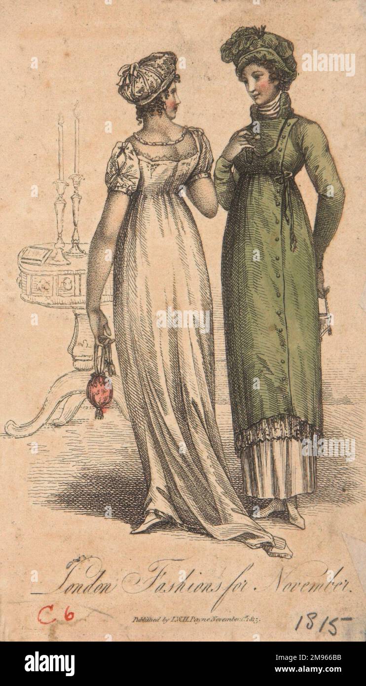 Plaque de mode du début du 19th siècle montrant le contour classique typique, et les hauts waists à la mode de l'époque. Banque D'Images