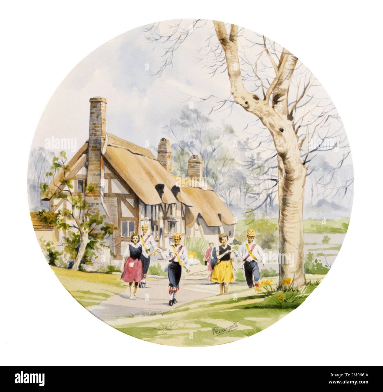 Morris Dancers qui se produit devant le cottage Anne Hathaway à Stratford-upon-Avon. Peinture par Malcolm Greensmith Banque D'Images
