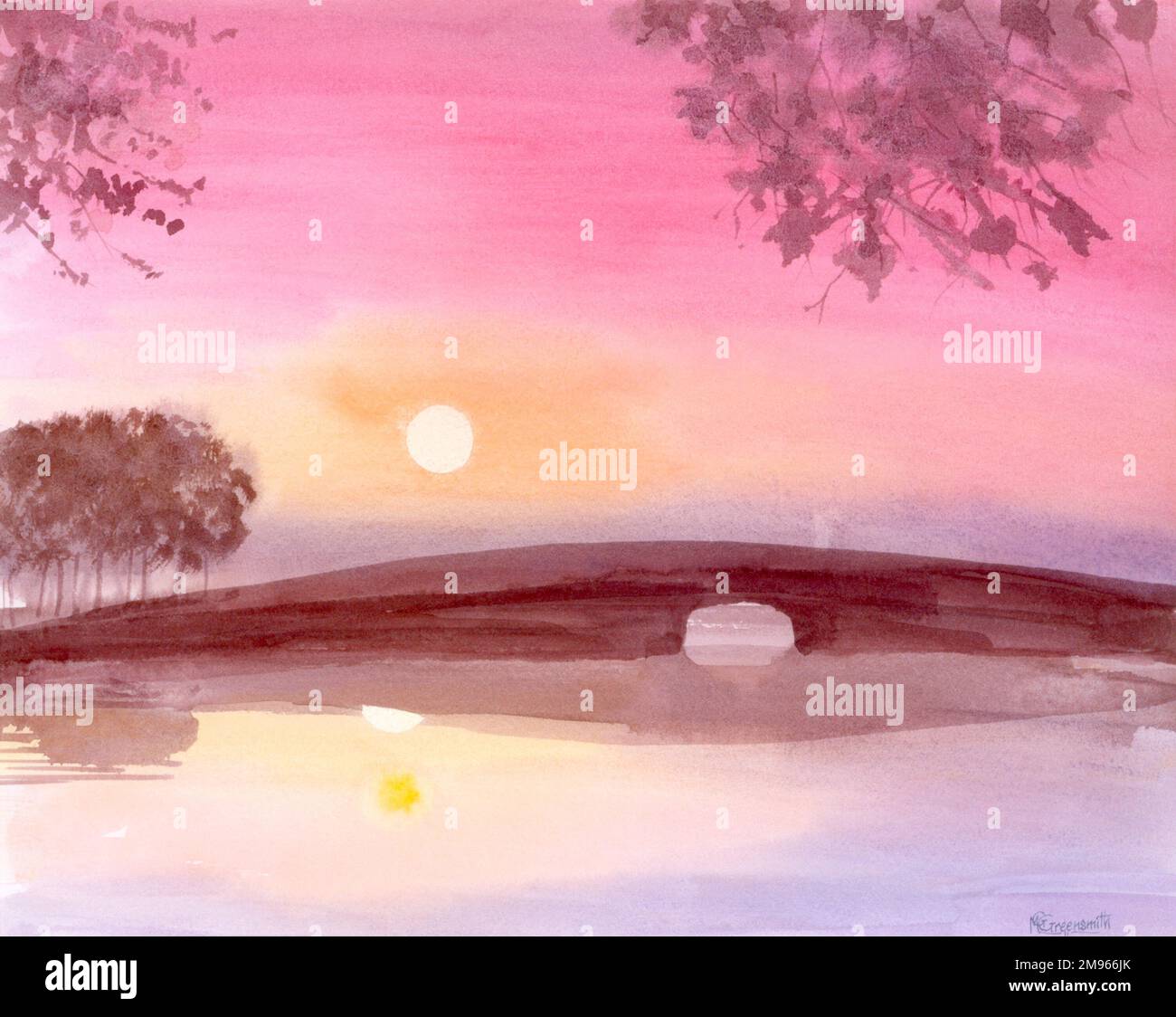 A Dawn River - vue vers un pont bas qui chevauche un large étang ou ruisseau, tandis que le soleil du jour nouveau, réfléchi dans l'eau fixe, s'élève dans le ciel du matin. Peinture par Malcolm Greensmith Banque D'Images