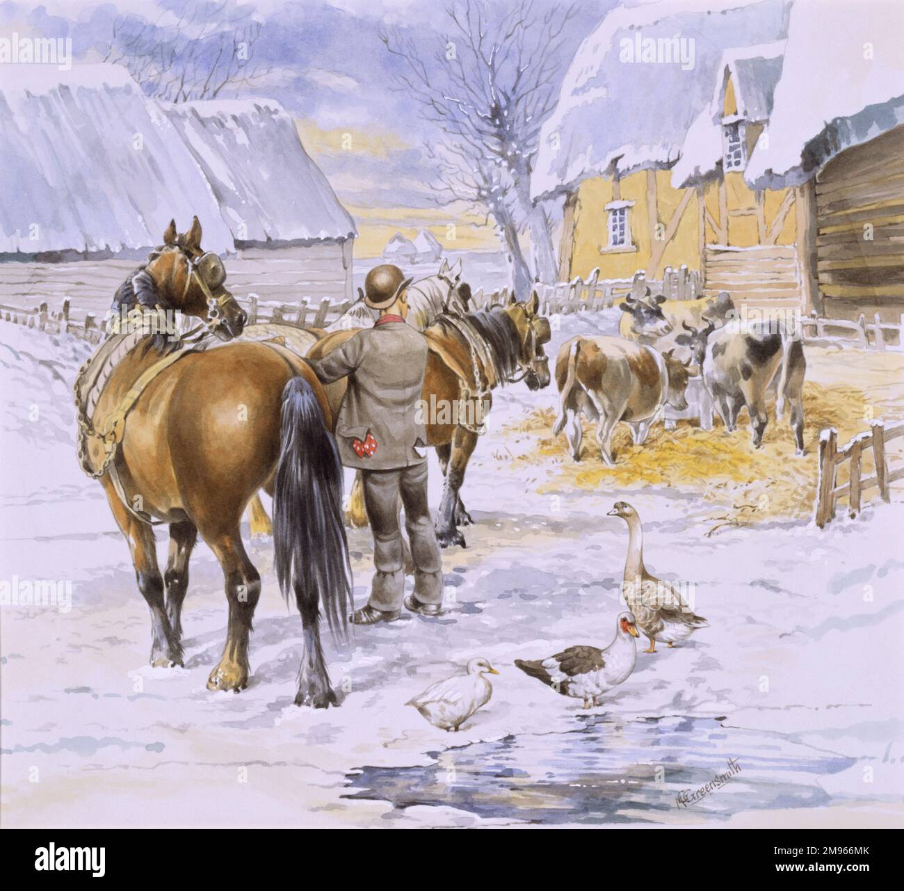 Une scène de cour de ferme en hiver, avec un agriculteur qui vérifie le virement sur une équipe de quatre chevaux en activité, tandis que les canards, les oies et les vaches boivent et se nourrissent dans la cour. Peinture aquarelle par Malcolm Greensmith Banque D'Images