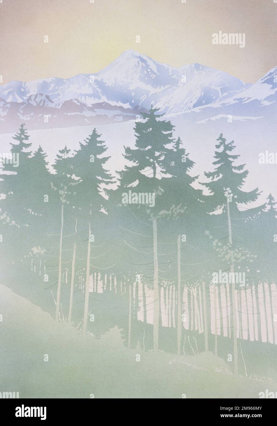 Une vue lumineuse et atmosphérique des montagnes vue à travers les silhouettes vertes de sapins sur les pentes inférieures. Peinture par Malcolm Greensmith. Banque D'Images