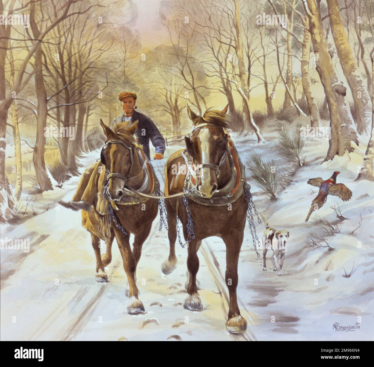 Un fermier s'assoit à cheval pendant qu'il roule/conduit deux carthorses en marche sur une voie de campagne au milieu de l'hiver. Peinture aquarelle par Malcolm Greensmith Banque D'Images