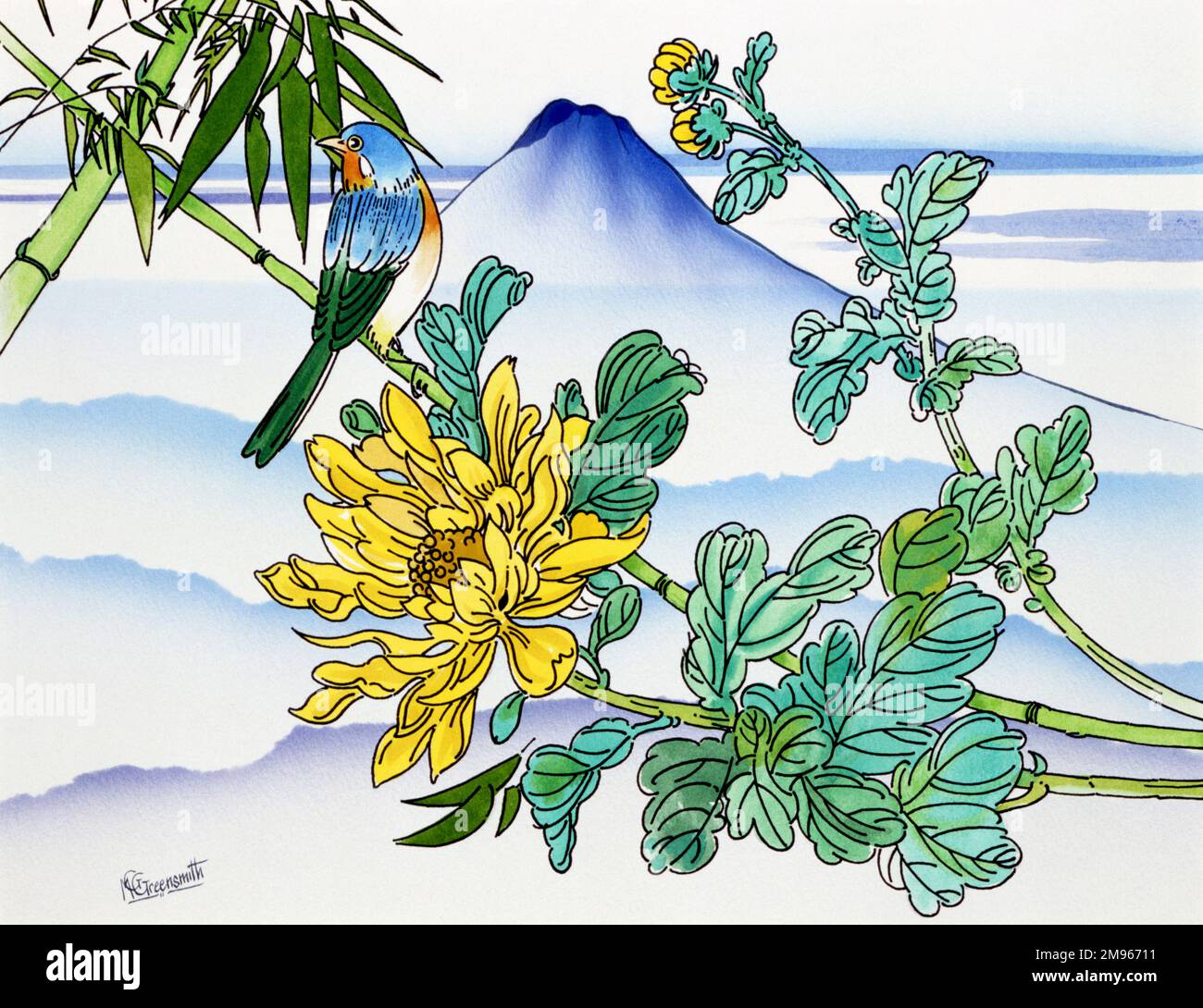 Un songbird coloré perché au milieu des fleurs de bambou dans ce fantastique paysage japonais peint par Malcolm Greensmith. Le pic distinctif du Mont Fuji domine l'horizon. Banque D'Images