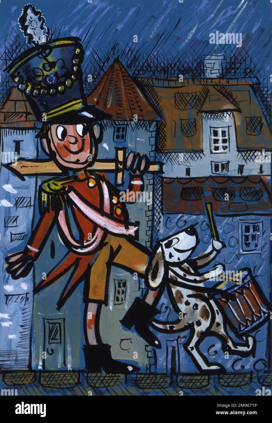 Un garçon habillé comme un soldat britannique redcoat du 19th siècle et tenant une épée en bois, marche au rythme d'un tambour fourni par son chien de tambour! Dessin d'encre avec des lavages d'aquarelle par Malcolm Greensmith Banque D'Images