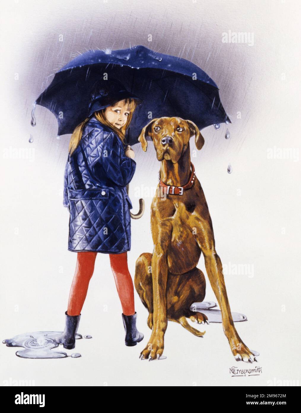 Une jeune fille de leggings rouges et de blouson à l'abri d'une pluie strom sous un parapluie à côté de son animal de compagnie à l'aspect légèrement perplexe (et très grand). Peinture aquarelle par Malcolm Greensmith Banque D'Images