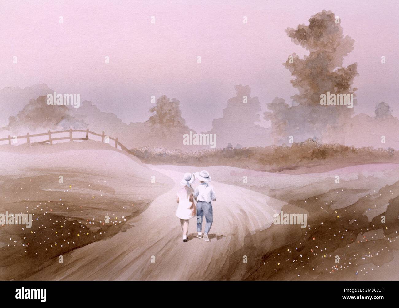 Un garçon et une fille marchent sur une voie de campagne brumeuse au milieu de la distance. L'ambiance est calme et sereine. Peinture par Malcolm Greensmith Banque D'Images