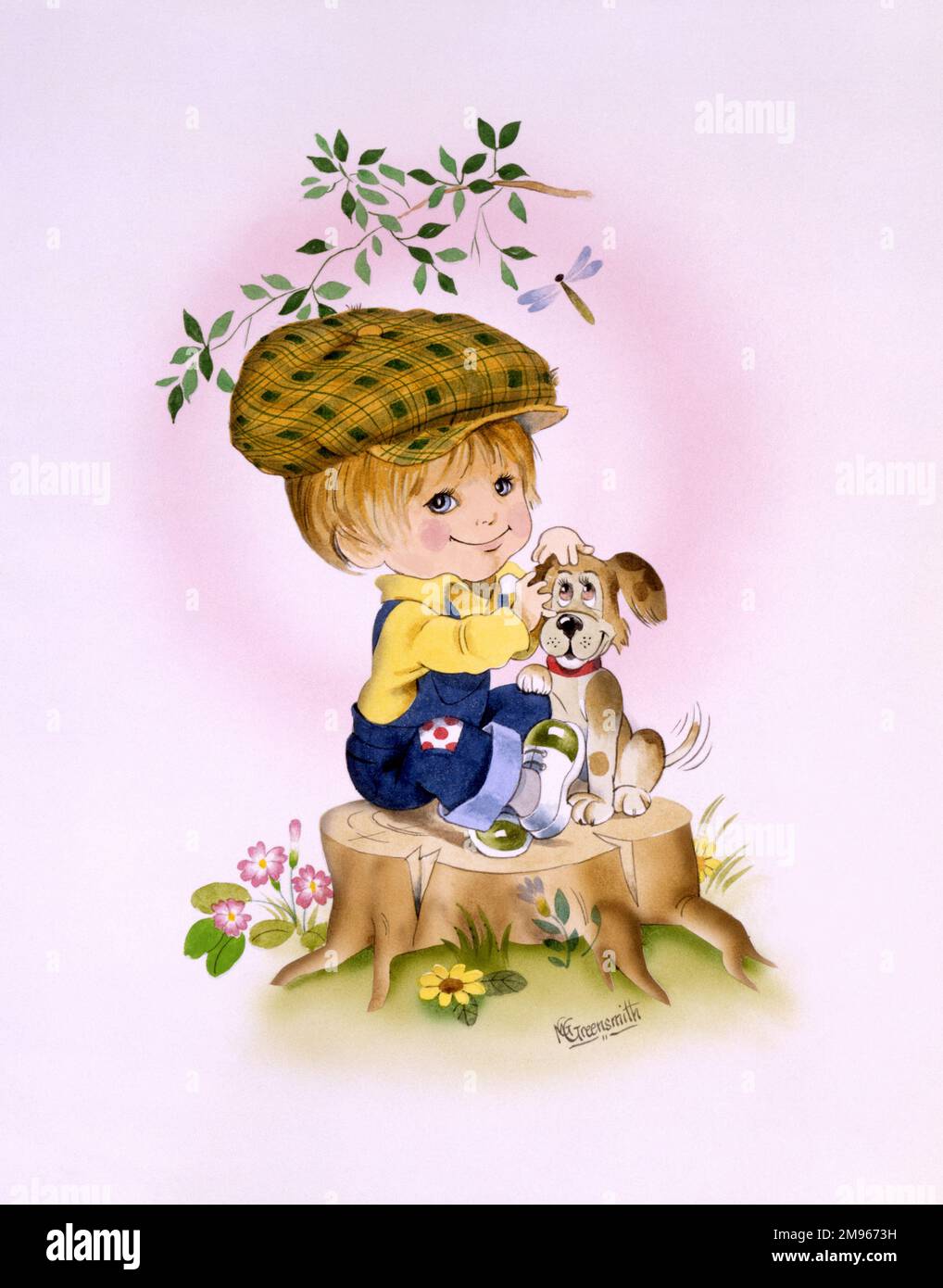 Une illustration de style caricature d'un jeune garçon avec son chien, portant une casquette plate et assis au-dessus d'une souche d'arbre. Banque D'Images