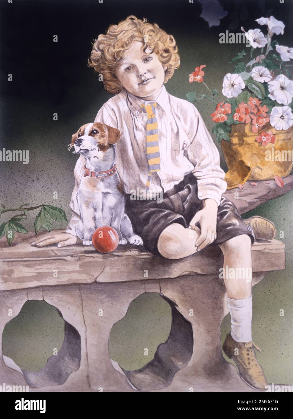 Un jeune garçon aux cheveux dorés avec son chien d'animal de compagnie assis sur un mur de pierre ornementale avec une jambe sur son autre genou. Peinture par Malcolm Greensmith Banque D'Images