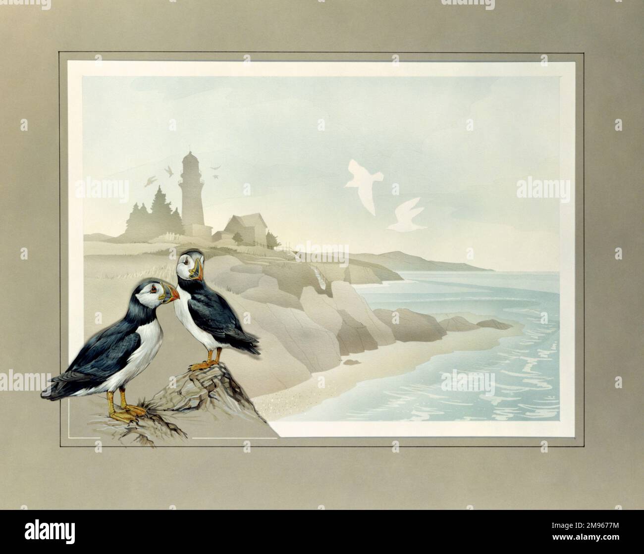 Deux puffins installés à la frontière, qui encadrent cette scène côtière d'une côte rocheuse avec un phare, arrêtent les hautes falaises. Aérographe et aquarelle de Malcolm Greensmith Banque D'Images