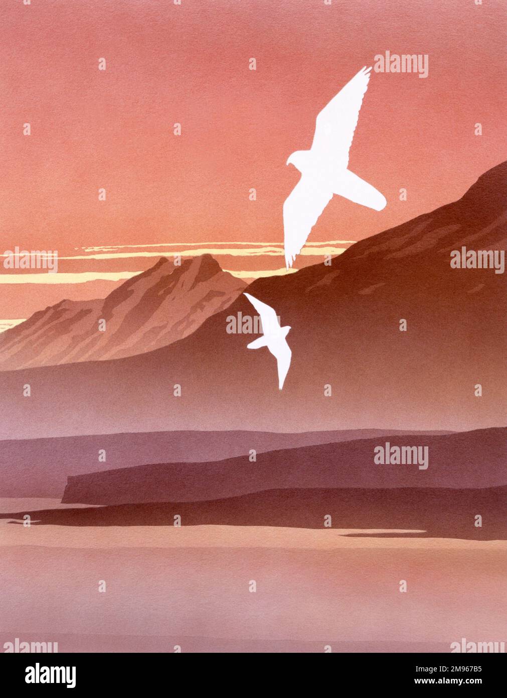 Un paysage de rêve au coucher du soleil, avec deux oiseaux de proie (Faucon pèlerin?) un paysage de hauts sommets, une mer immobile et des brouillards enveloppants. Peinture à l'aérographe par Malcolm Greensmith Banque D'Images