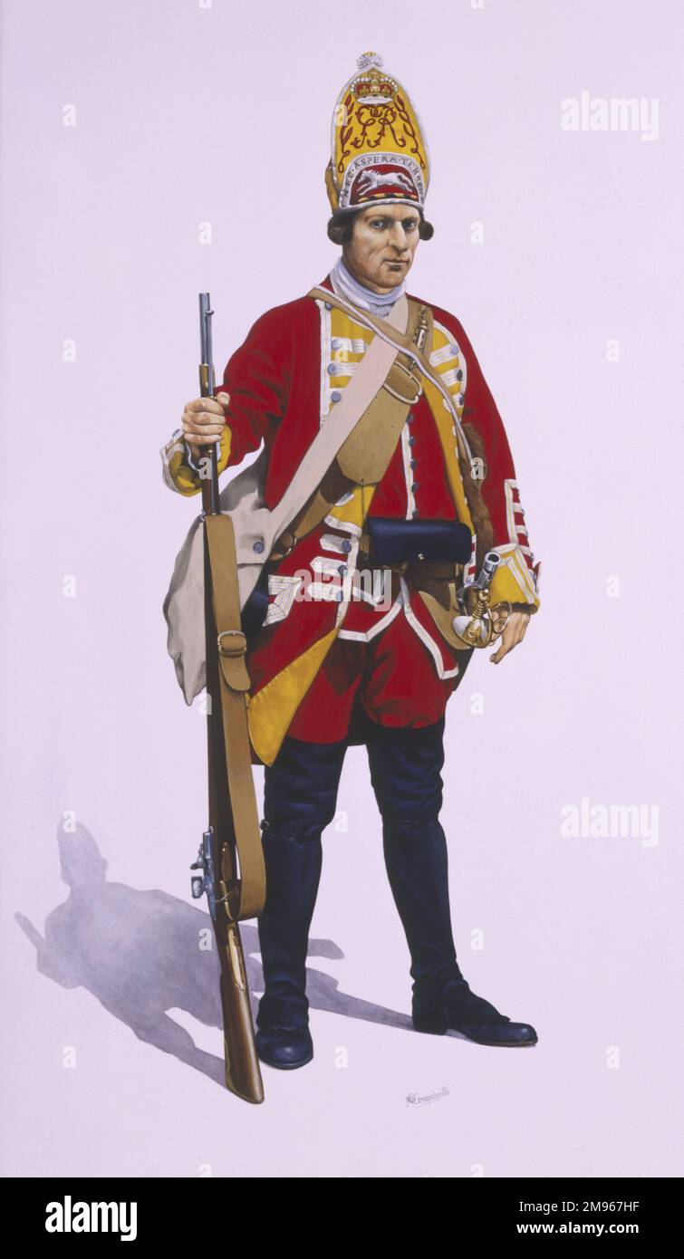 Un Grenadier du 12th Regiment de pied, 1756 - 63. Le régiment de Suffolk. Peinture par Malcolm Greensmith Banque D'Images