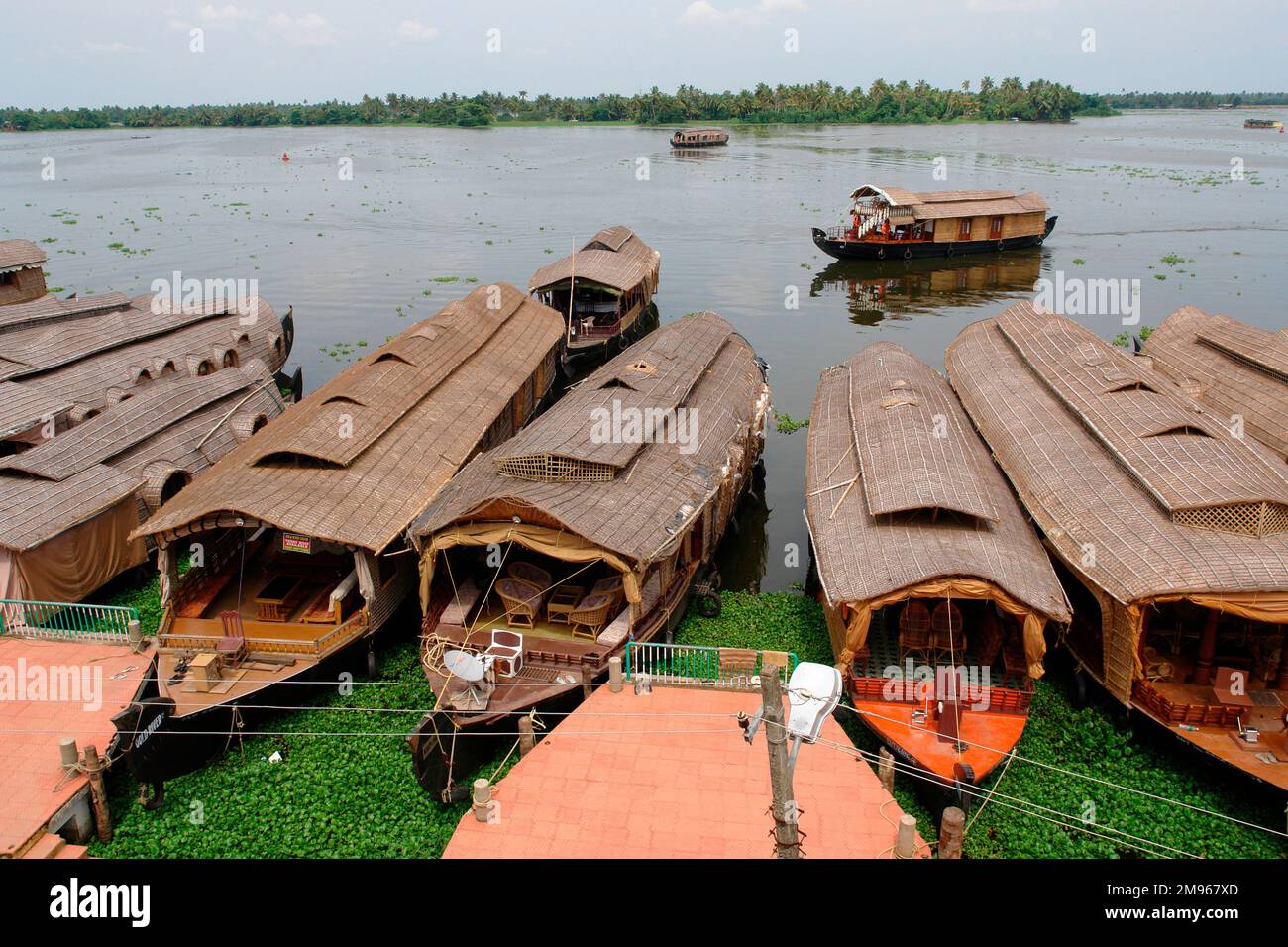 Bateaux de la maison (bateaux à riz) amarrés à un quai à Alleppey, État du Kerala, Inde. La petite ville d'Alleppey, ou Alappuzha, a été décrite comme 'la Venise de l'est' en raison de son réseau de canaux. Banque D'Images