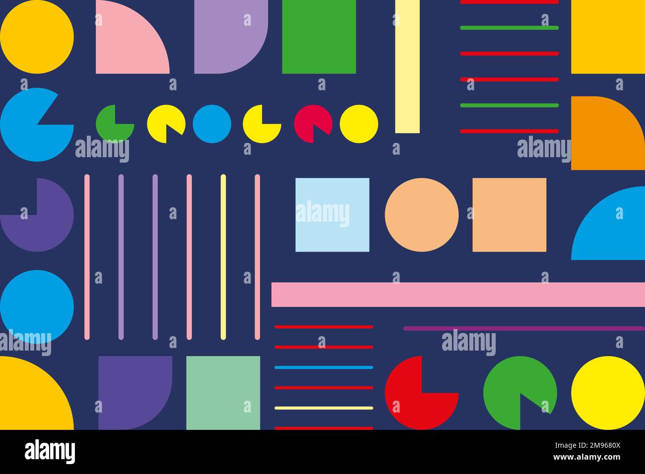 Formes géométriques multicolores de cercles, de carrés et de rayures sur fond bleu foncé. Arrière-plan vectoriel abstrait. Illustration de Vecteur